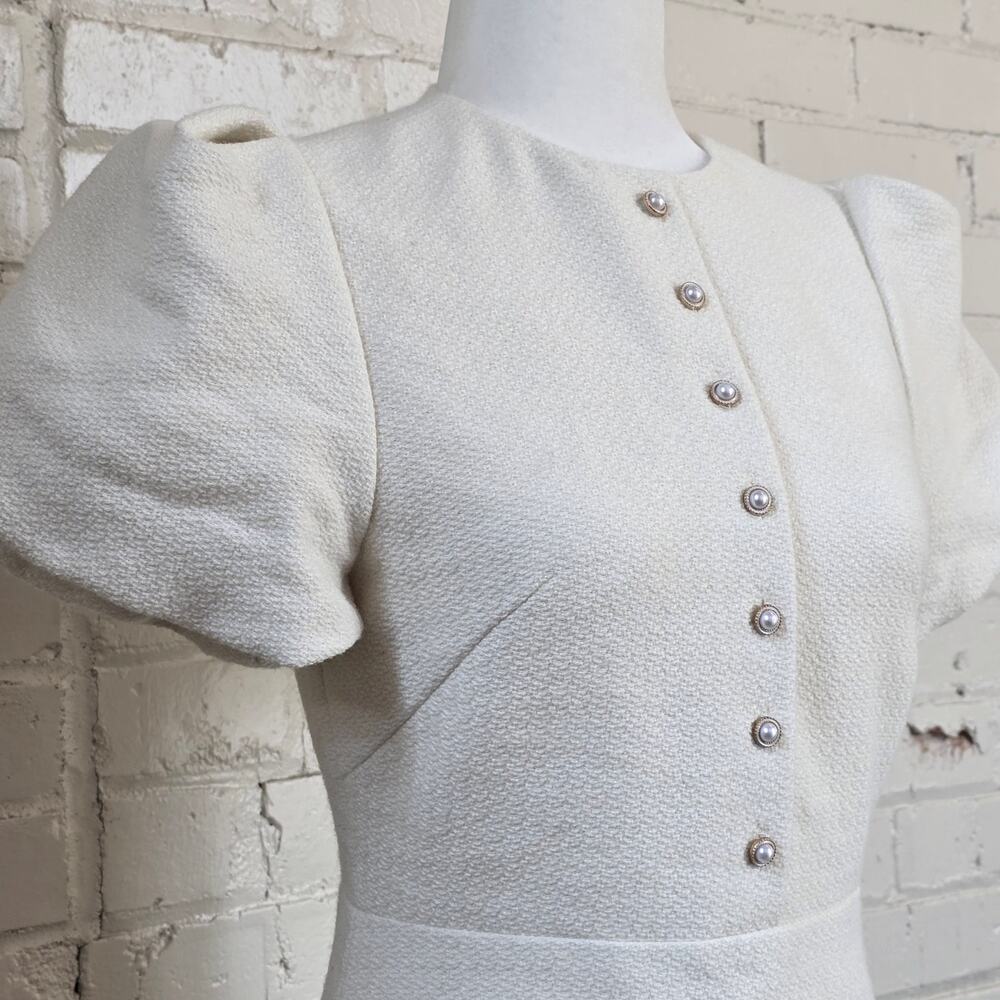 ​o.p.t Cream Wool Blend Pearl Button Puff Sleeve Mini Dress Size 4 Ivory Tweed - Picture 4 of 15